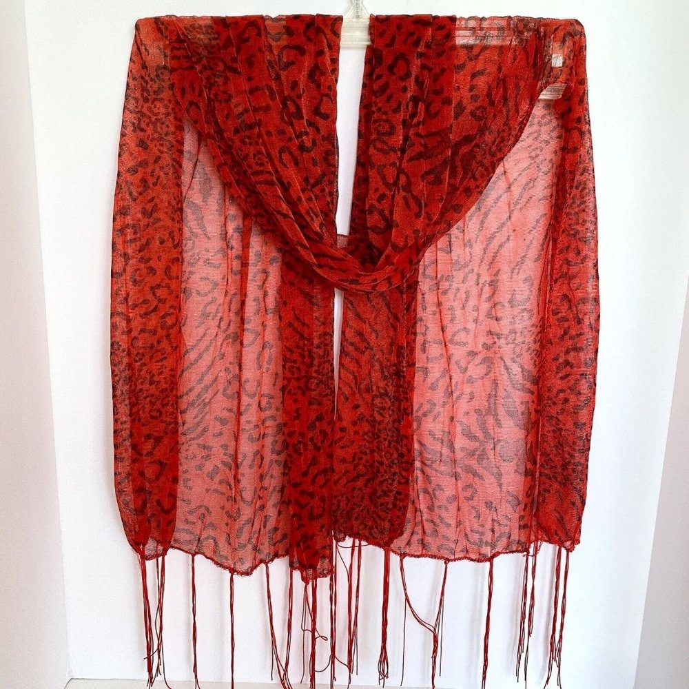 Romantic Red Black Animal Print Scarf Lightweight Polyester 60" x 20"